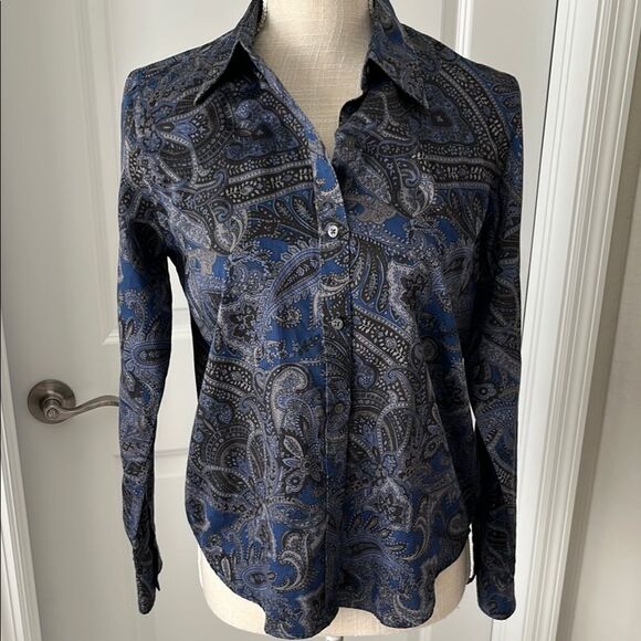 Lauren Ralph Lauren Petite Blue and Gray Paisley Button Down Shirt NWOT Sz PM - Picture 1 of 10